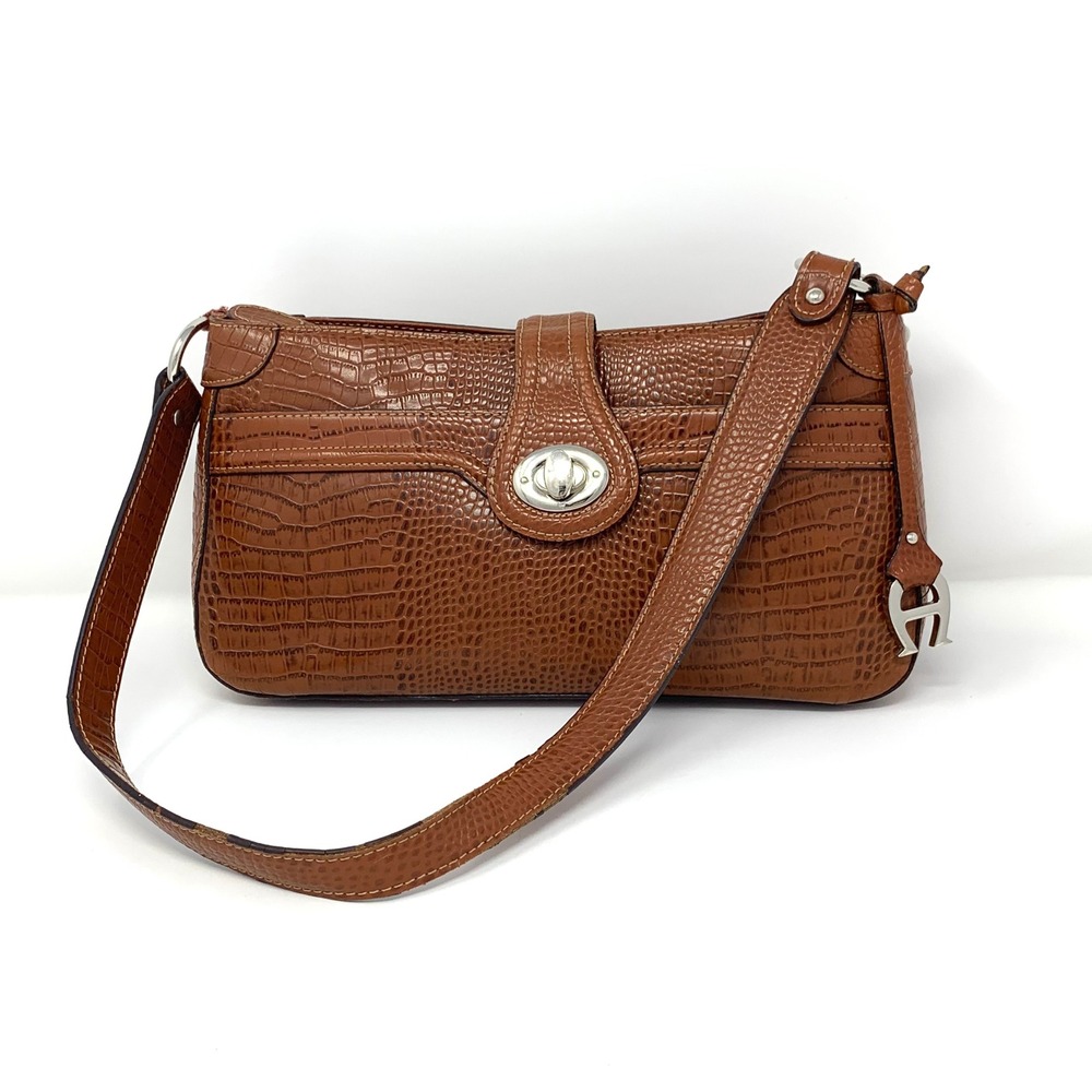 Etienne Aigner Brown Croc Embossed Leather Shoulder Baguette Bag